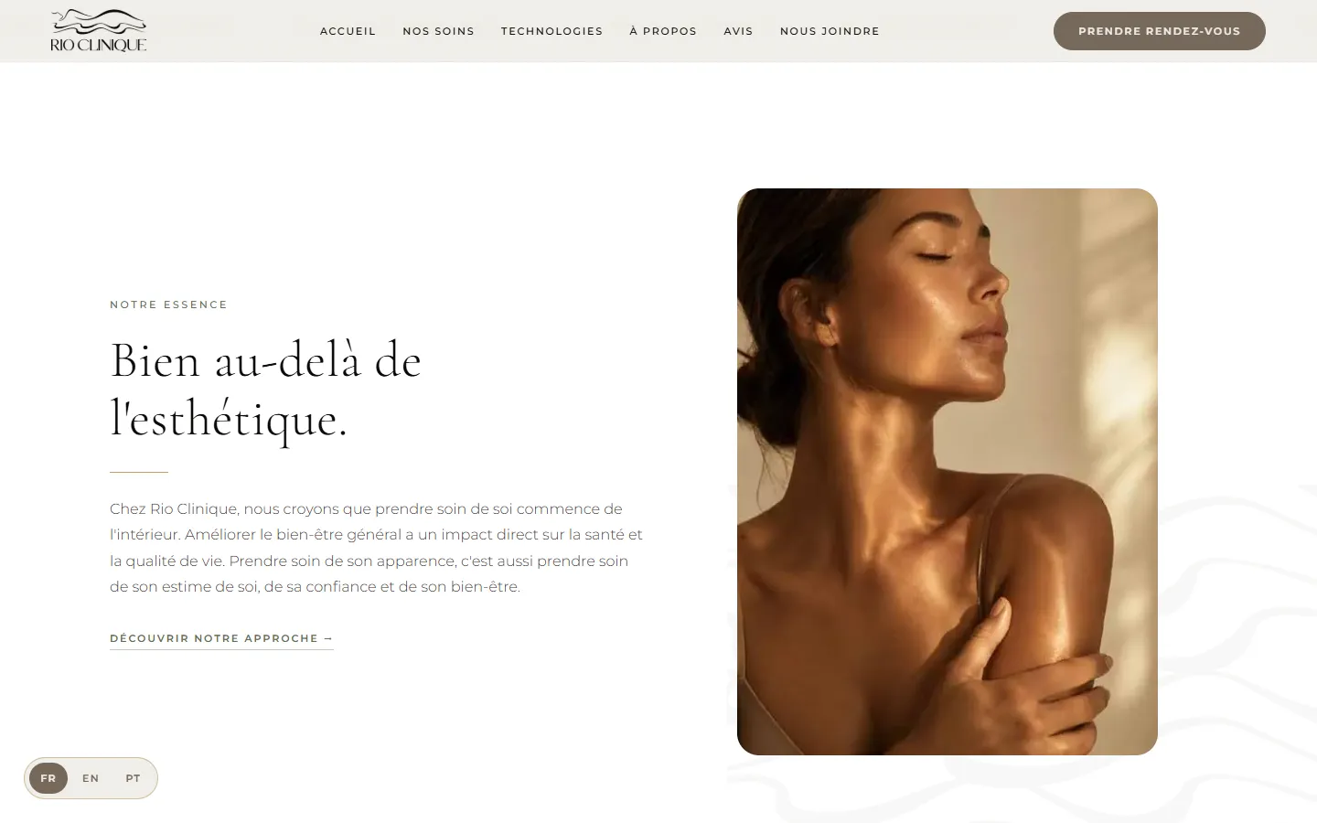 Seção "Notre essence" do site, com texto à esquerda e foto de uma mulher à direita