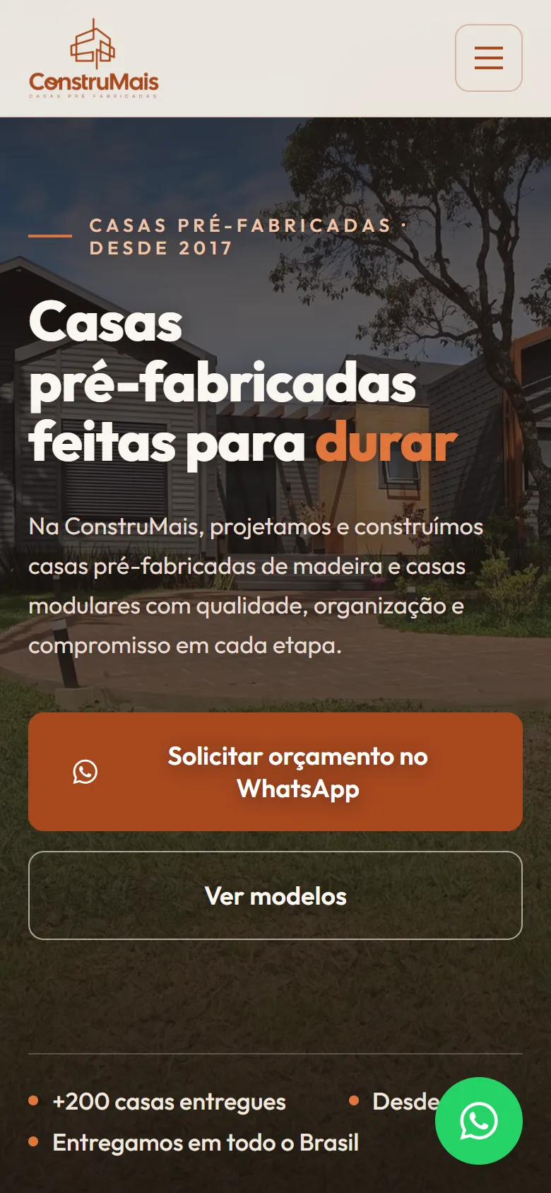 Home da ConstruMais no celular, com botões de orçamento no WhatsApp